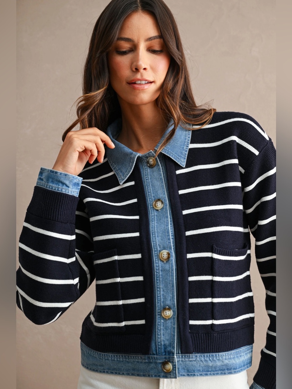 NWT Navy Striped Knit Cardigan with Denim Trim | Button Down Cardigan - Picture 5 of 8